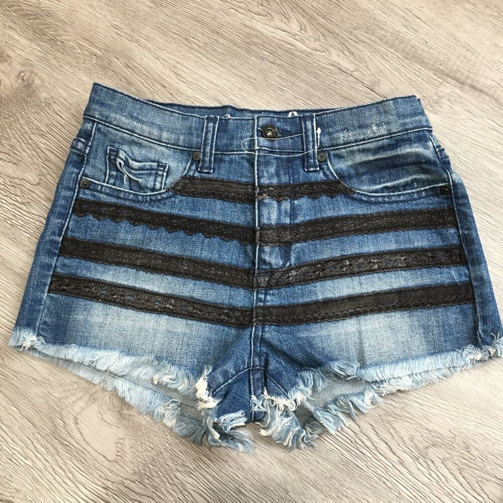 NWOT SPECIAL A Medium/Dark Wash Black Lace Insert Fray Hem Denim Shorts